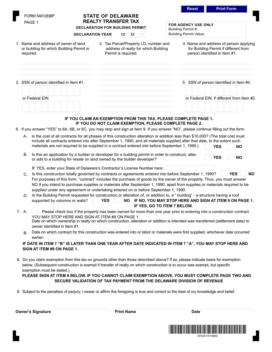 Form 5401(8)BP State of Delaware Realty Transfer Tax Declaration for Building Permit - Delaware, Page 1