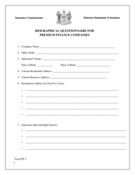 Form PF-3 Biographical Questionnaire for Premium Finance Companies - Delaware