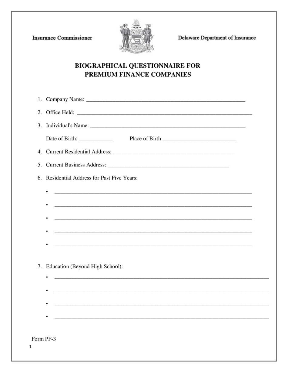 Form PF-3 Biographical Questionnaire for Premium Finance Companies - Delaware, Page 1