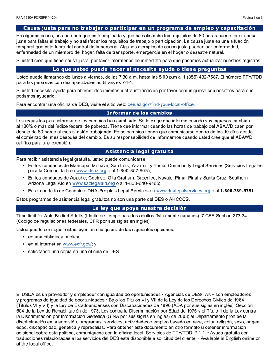 Formulario FAA-1530A FORSFF Aviso De Recomendacion Y Participacion De Abawd - Arizona (Spanish), Page 3