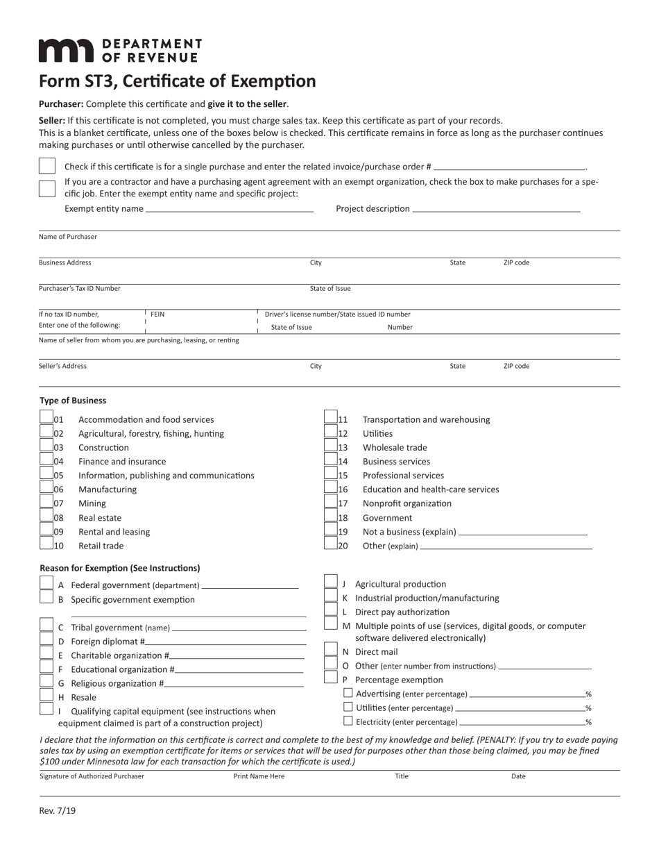Form ST3 Certificate of Exemption - Minnesota, Page 1
