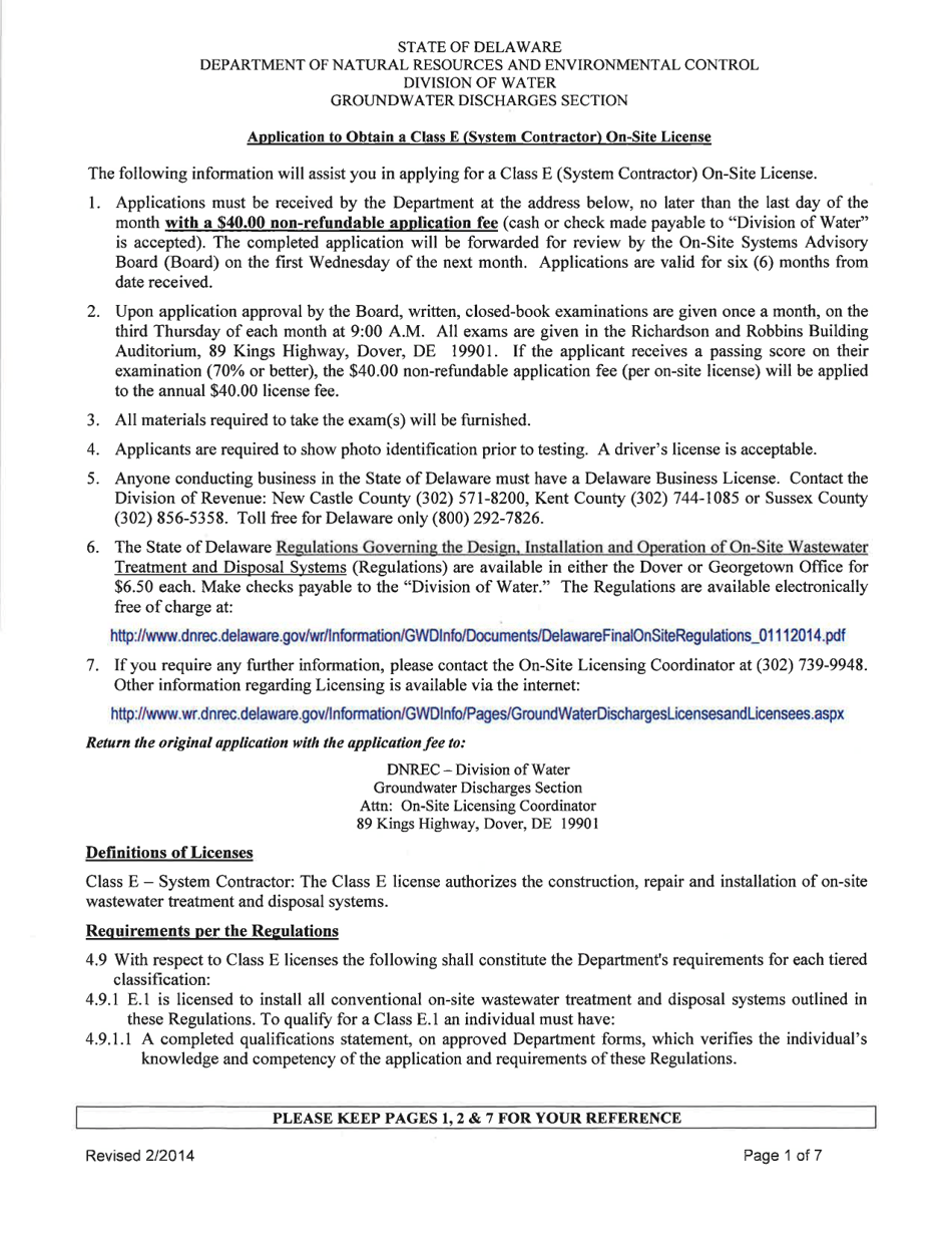 Delaware Application to Obtain a Class E (System Contractor) onSite