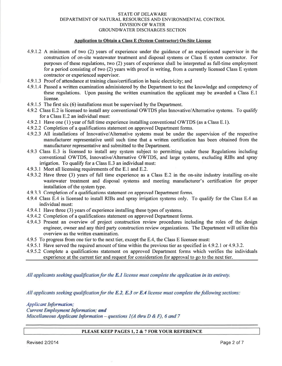 Application to Obtain a Class E (System Contractor) on-Site License - Delaware, Page 2