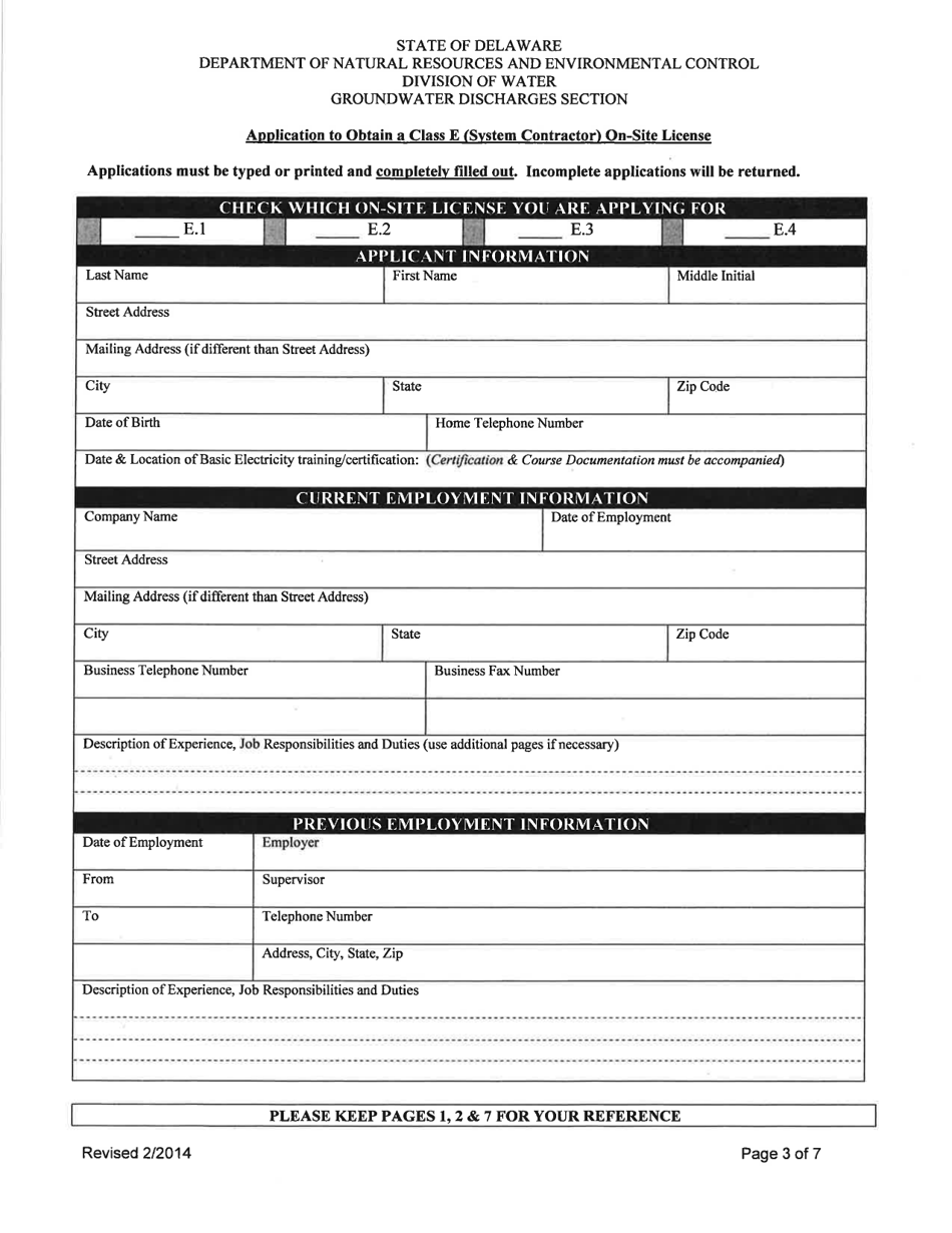 Application to Obtain a Class E (System Contractor) on-Site License - Delaware, Page 3