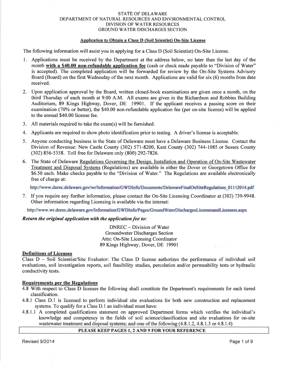 Application to Obtain a Class D (Soil Scientist) on-Site License - Delaware, Page 1
