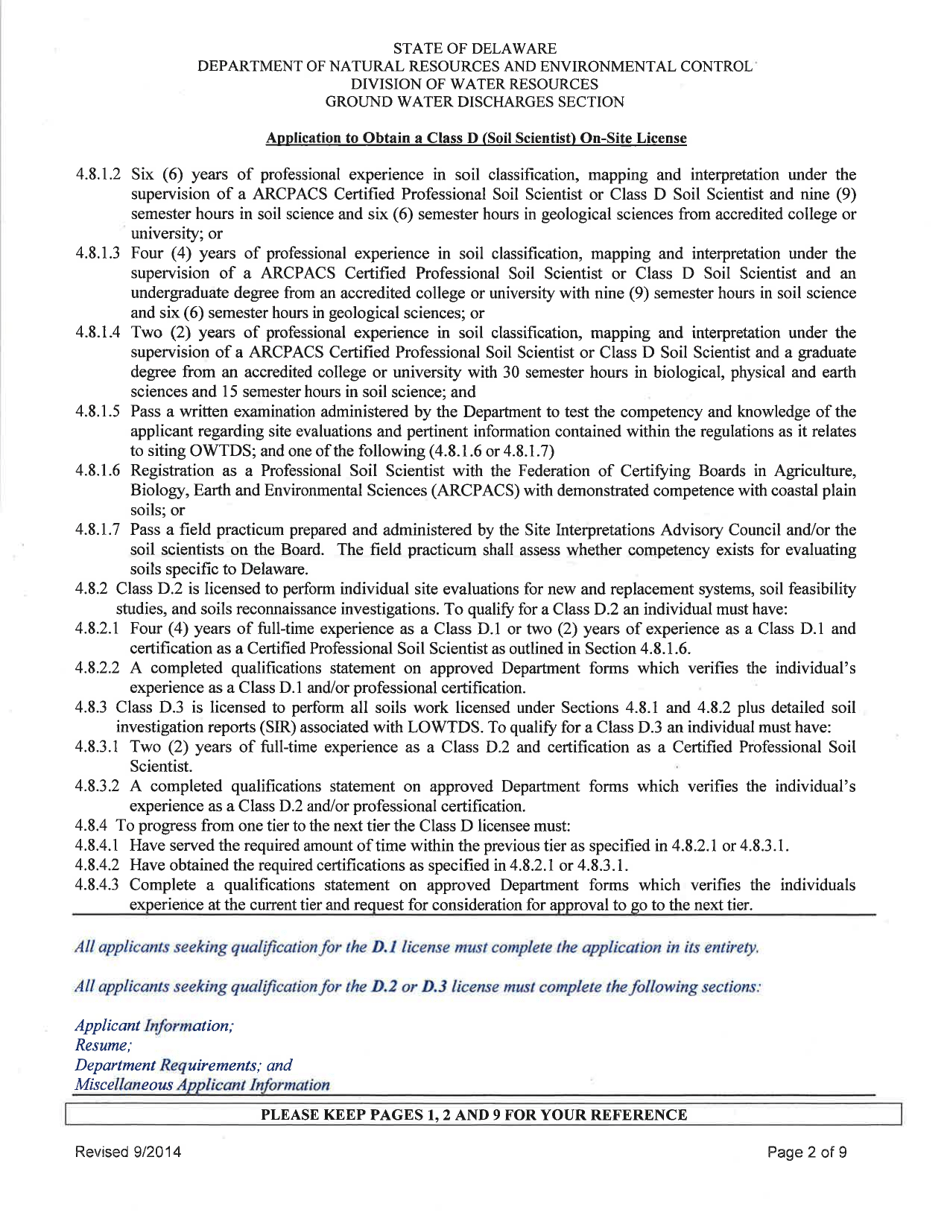 Application to Obtain a Class D (Soil Scientist) on-Site License - Delaware, Page 2