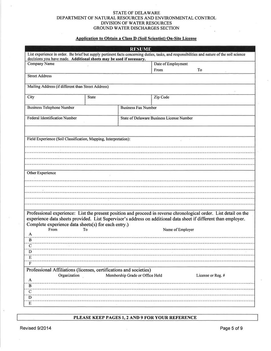Application to Obtain a Class D (Soil Scientist) on-Site License - Delaware, Page 5