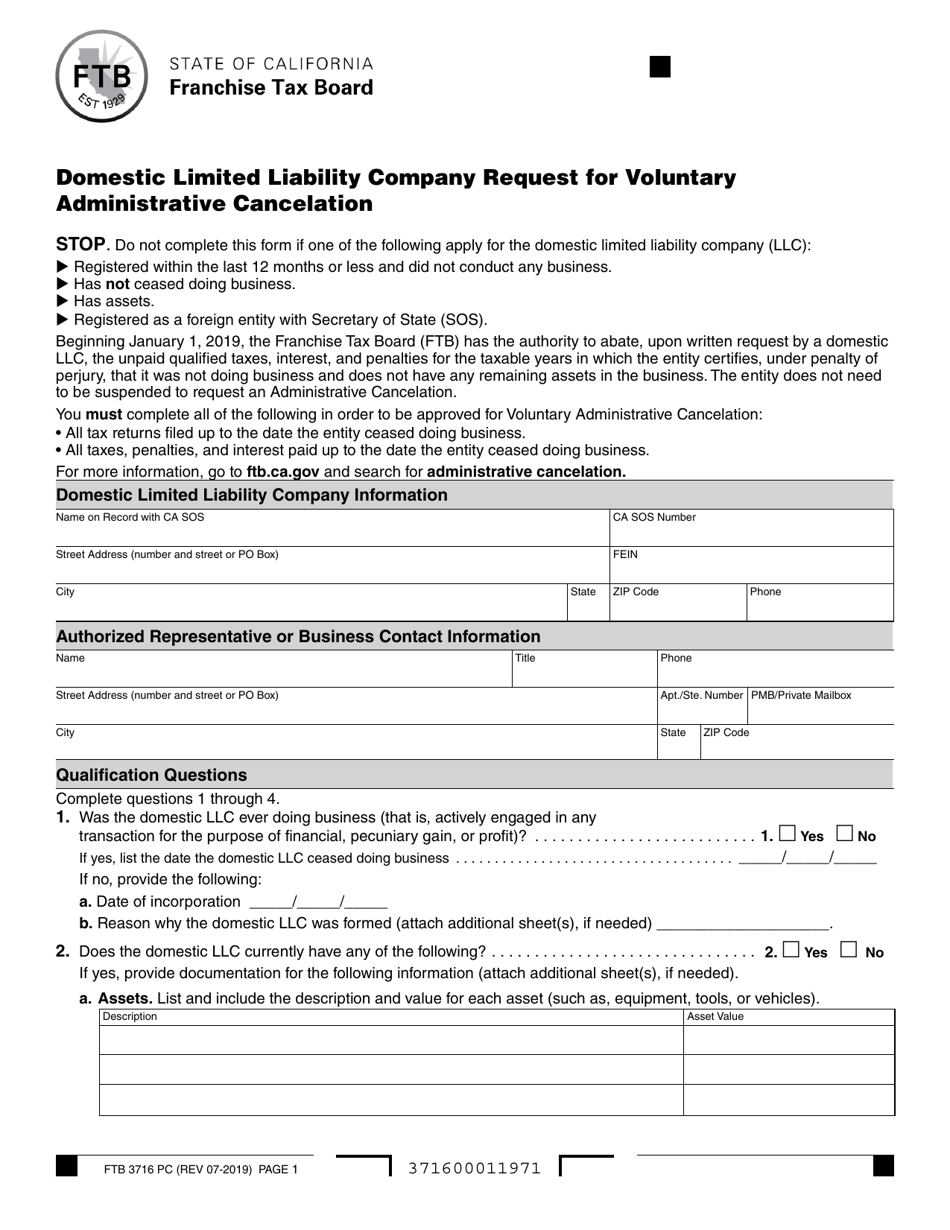 Form FTB3716 PC Domestic Limited Liability Company Request for Voluntary Administrative Cancelation - California, Page 1