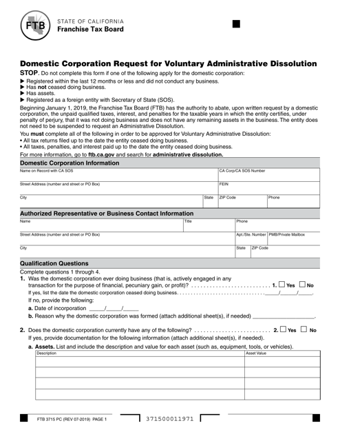 Form FTB3715 PC Domestic Corporation Request for Voluntary Administrative Dissolution - California