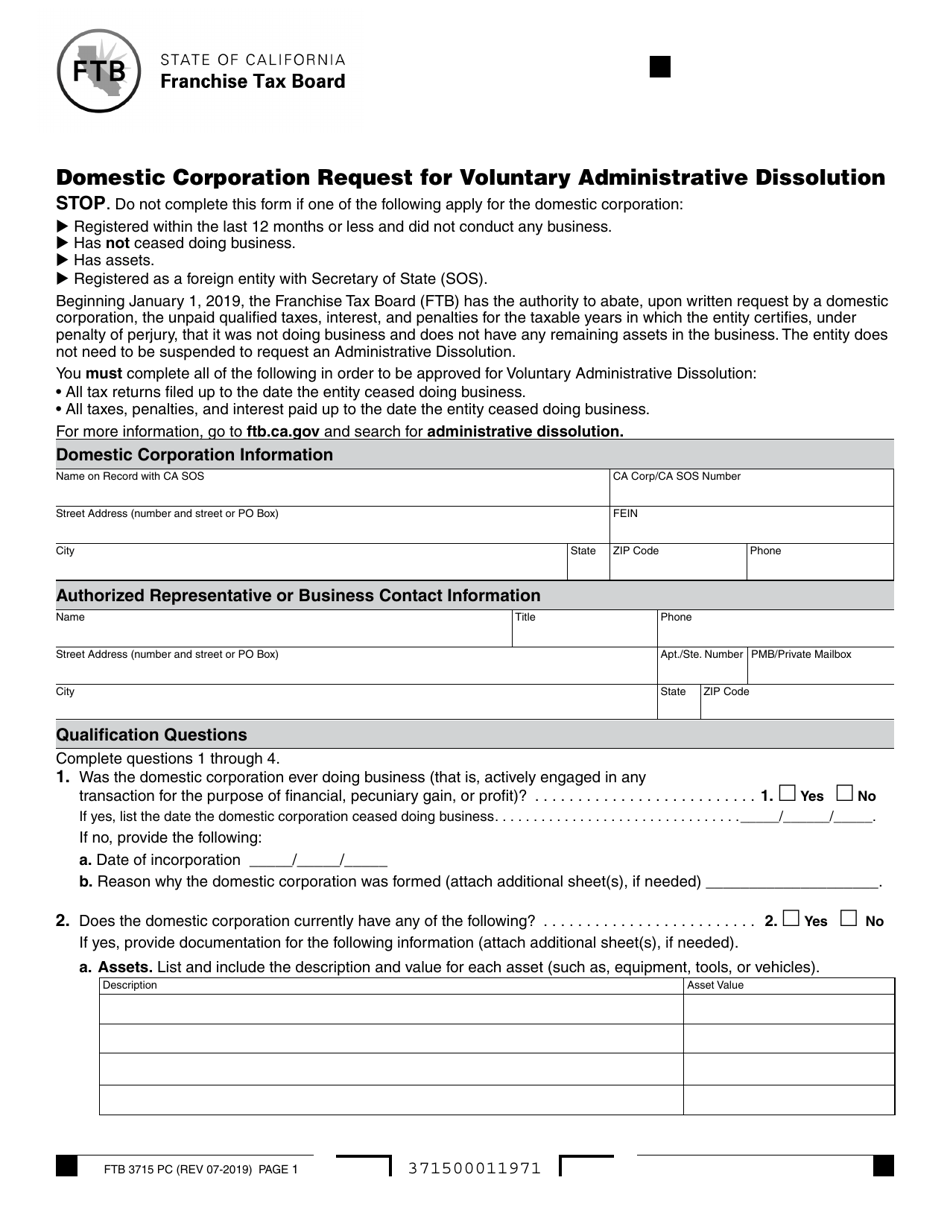Form FTB3715 PC Domestic Corporation Request for Voluntary Administrative Dissolution - California, Page 1