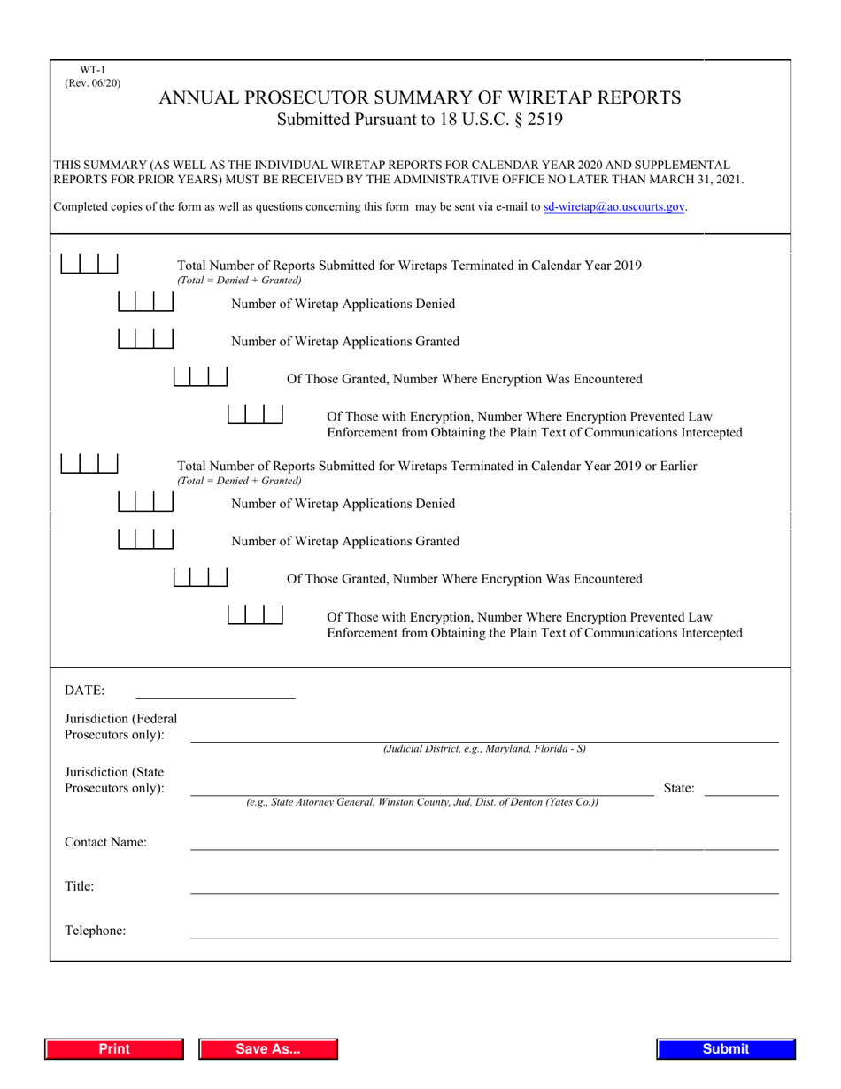 Form WT-1 Annual Prosecutor Summary of Wiretap Reports, Page 1