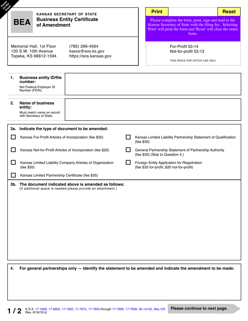 Form BEA Business Entity Certificate of Amendment - Kansas, Page 3