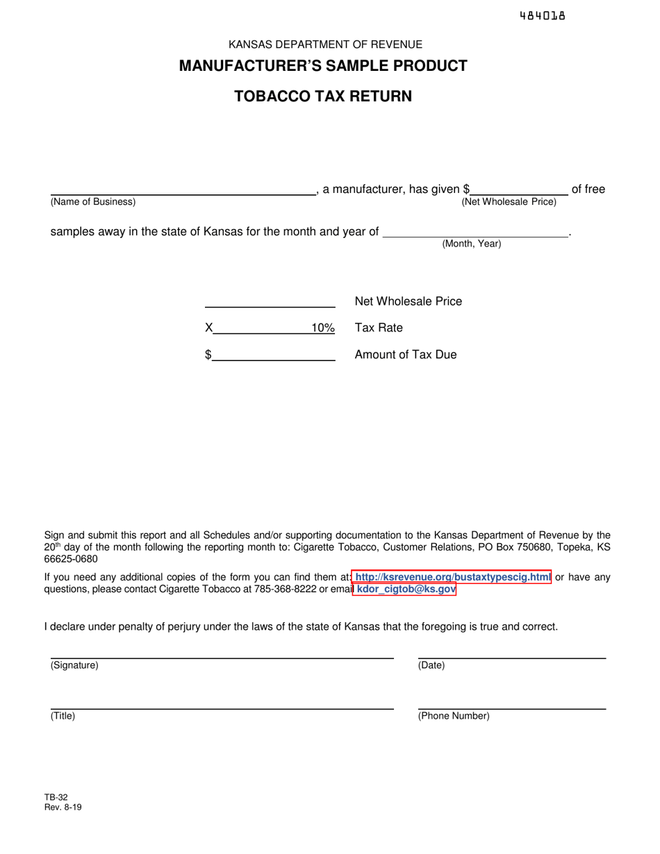 Form TB-32 Manufacturers Sample Product Tobacco Tax Return - Kansas, Page 1