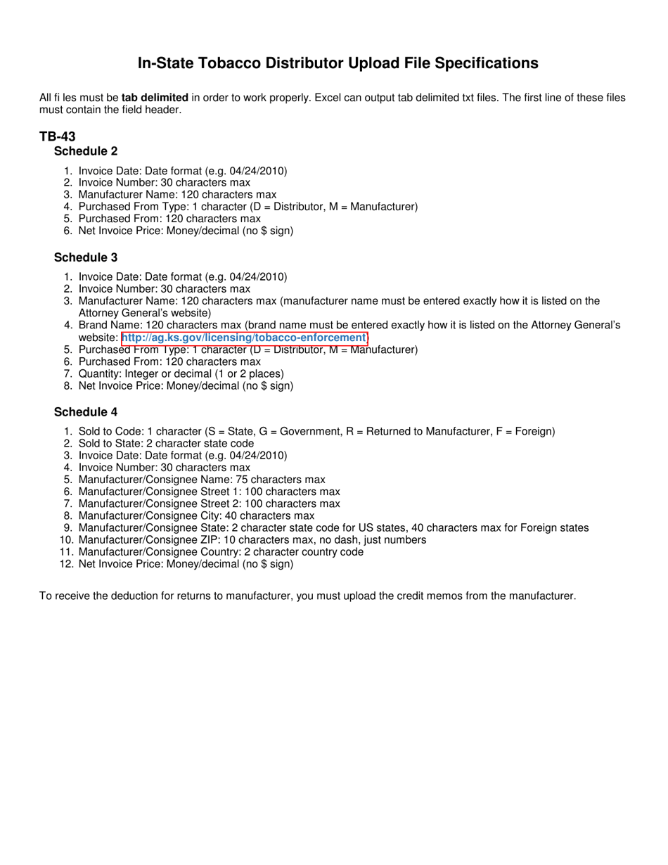 Form TB-43 Schedule 1 In-state Distributors Tobacco Products Monthly Report - Kansas, Page 2