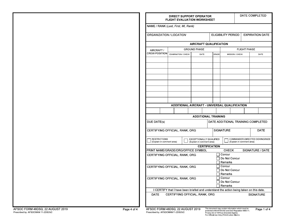 AFSOC Form 48DSQ Direct Support Operator Flight Evaluation Worksheet, Page 1
