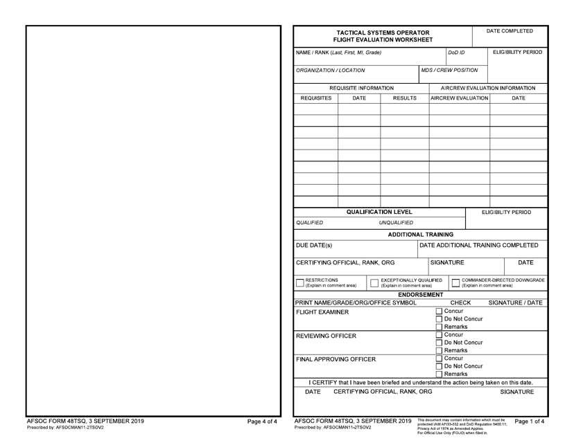 AFSOC Form 48TSQ Tactical Systems Operator Flight Evaluation Worksheet