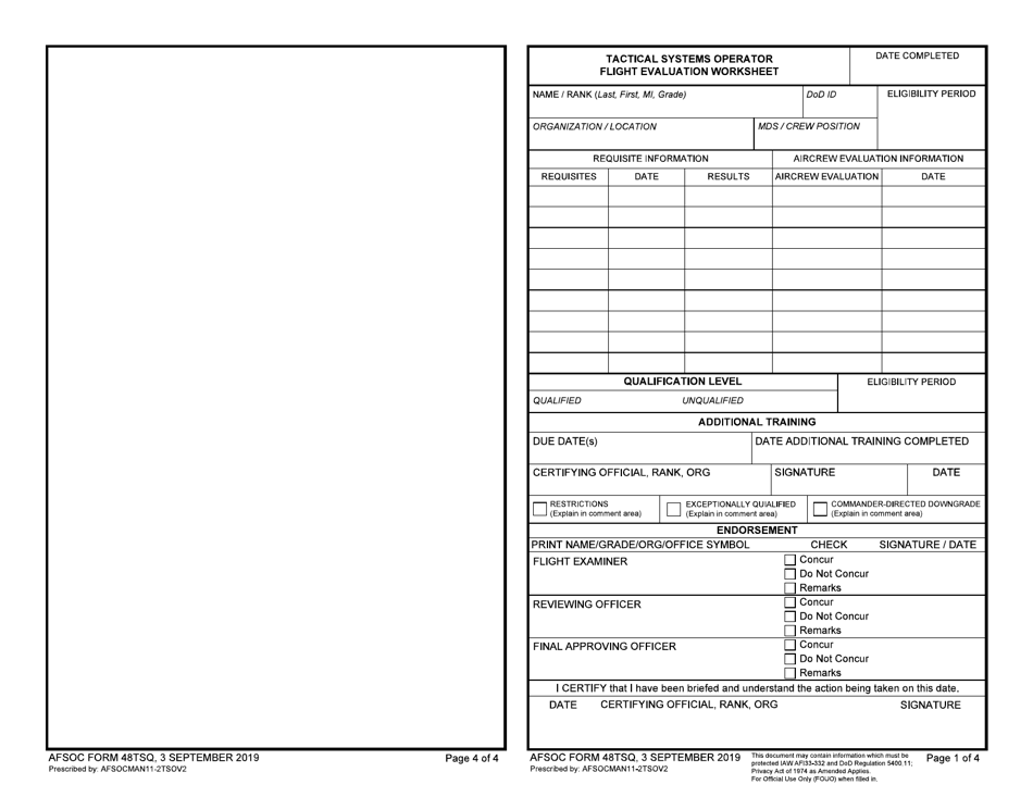AFSOC Form 48TSQ Tactical Systems Operator Flight Evaluation Worksheet, Page 1