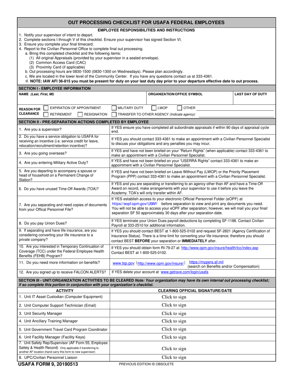 USAFA Form 9 Out Processing Checklist for Usafa Federal Employees, Page 1