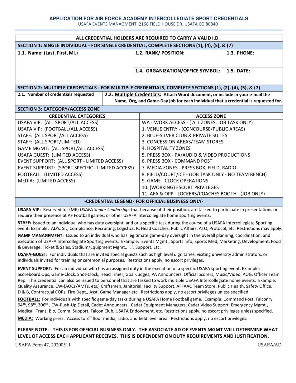 USAFA Form 47 Application for Air Force Academy Intercollegiate Sport Credentials, Page 1