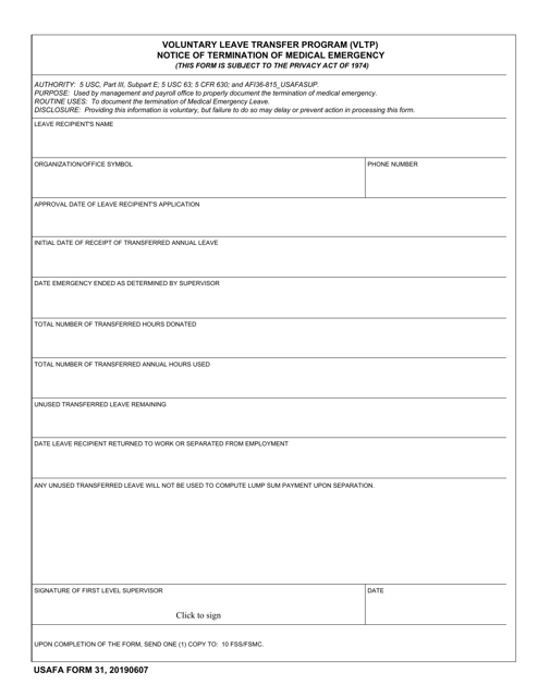 USAFA Form 31 Voluntary Leave Transfer Program (Vltp) Notice of Termination of Medical Emergency