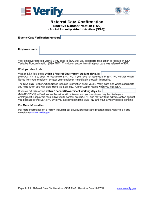 Referral Date Confirmation - Social Security Administration Tentative Nonconfirmation (Ssa Tnc) Download Pdf