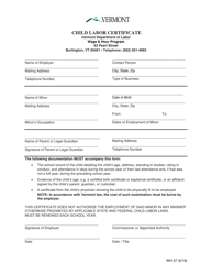 Form WH-27 Child Labor Certificate - Vermont