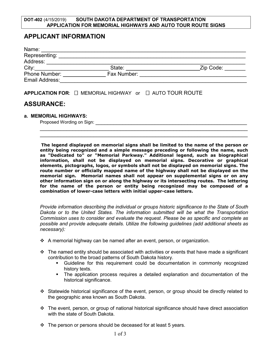 Form DOT-402 Application for Memorial Highways and Auto Tour Route Signs - South Dakota, Page 1
