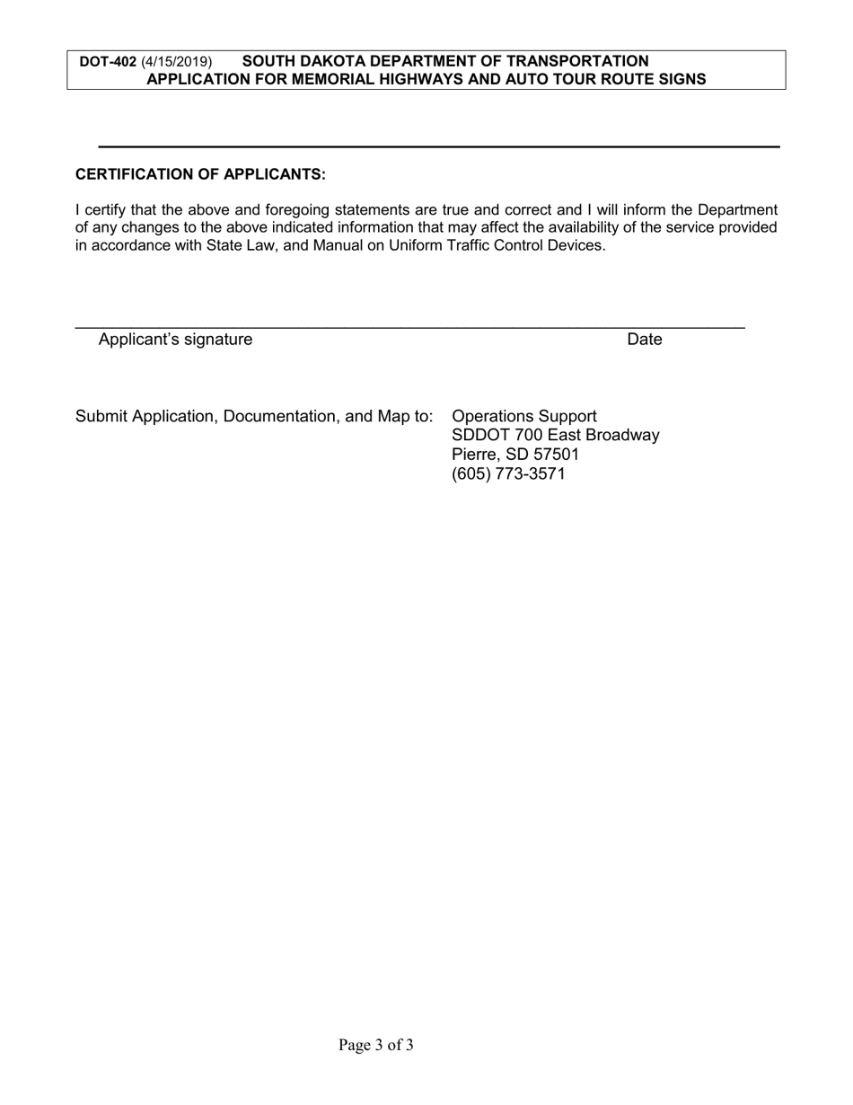 Form DOT-402 Application for Memorial Highways and Auto Tour Route Signs - South Dakota, Page 3