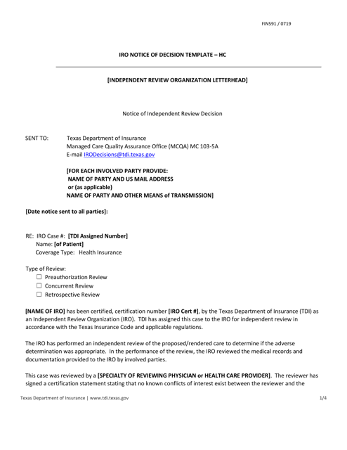 Form FIN591 Iro Notice of Decision Template - Hc - Texas