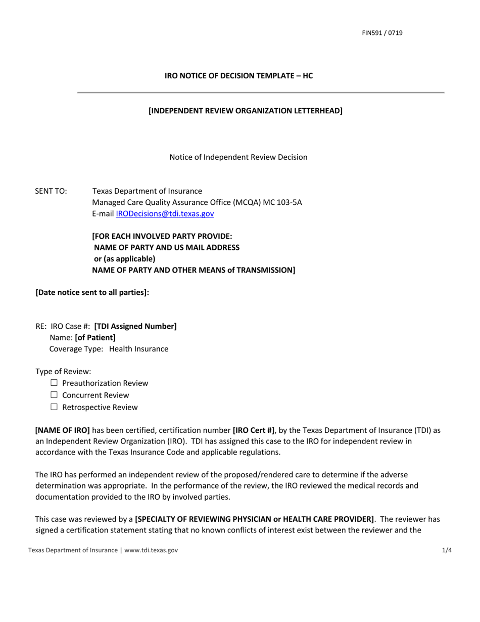 Form FIN591 Iro Notice of Decision Template - Hc - Texas, Page 1