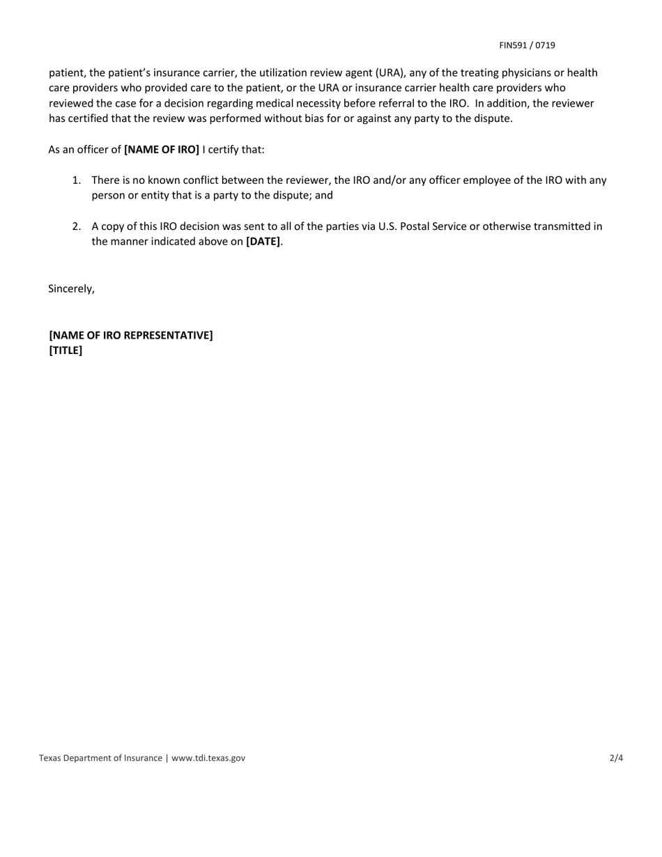 Form FIN591 Iro Notice of Decision Template - Hc - Texas, Page 2