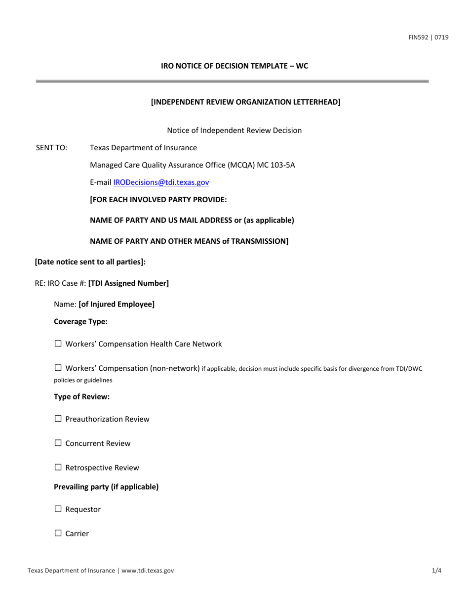 Form FIN592 Iro Notice of Decision Template - Wc - Texas, Page 1