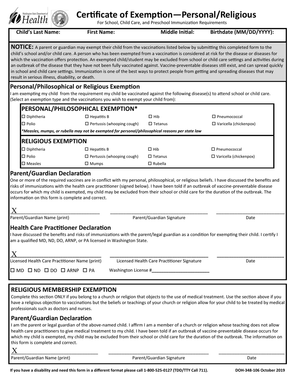 DOH Form 348-106 Certificate of Exemption - Personal / Religious - Washington, Page 1