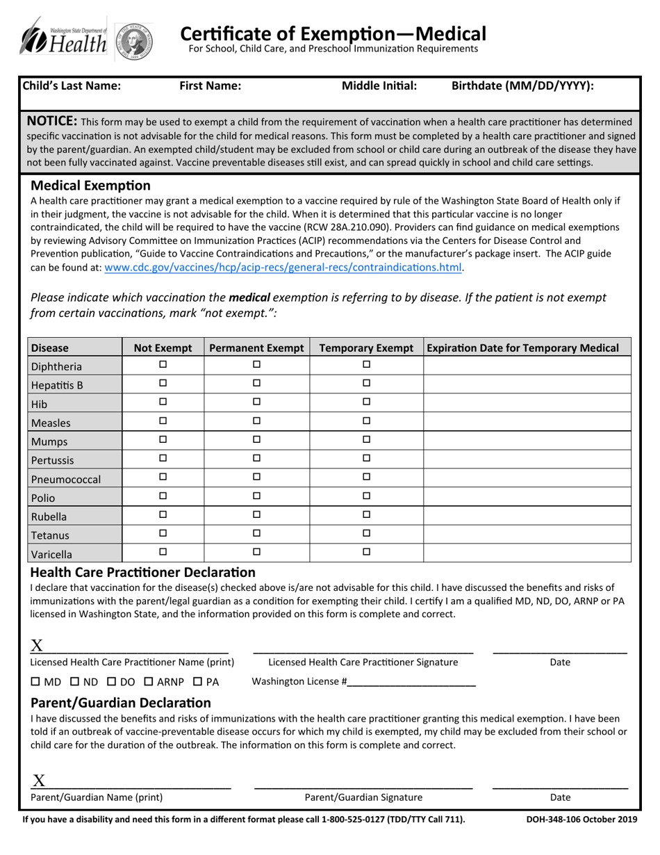 DOH Form 348-106 Certificate of Exemption - Personal / Religious - Washington, Page 2