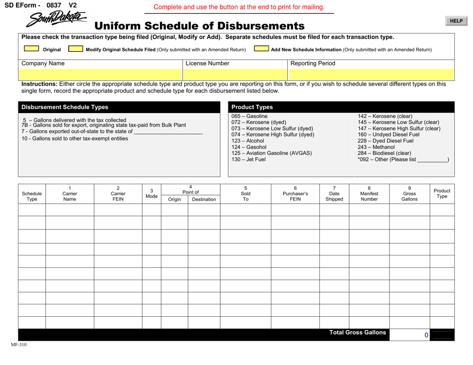 SD Form 0837 Uniform Schedule of Disbursements - South Dakota, Page 1