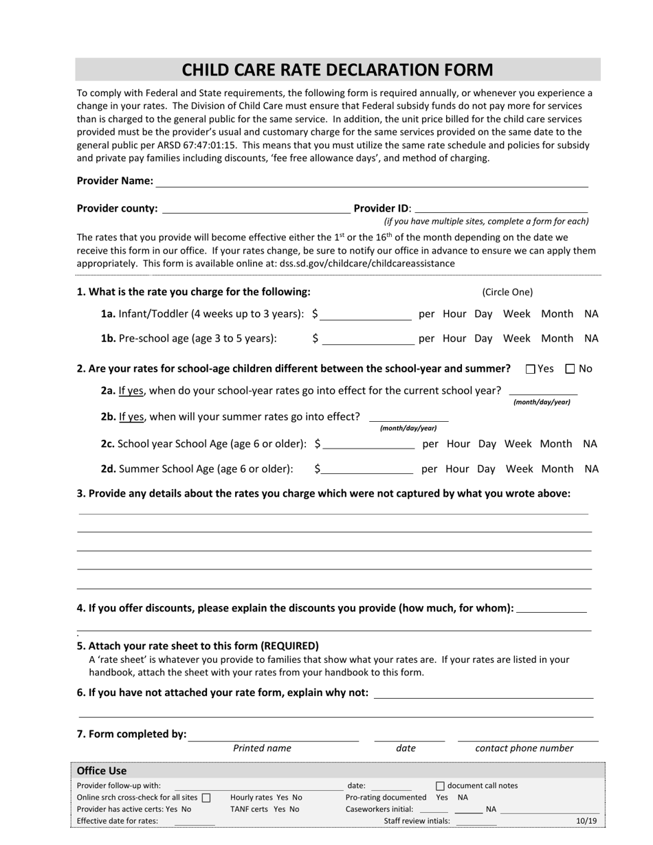 Child Care Rate Declaration Form - South Dakota, Page 1
