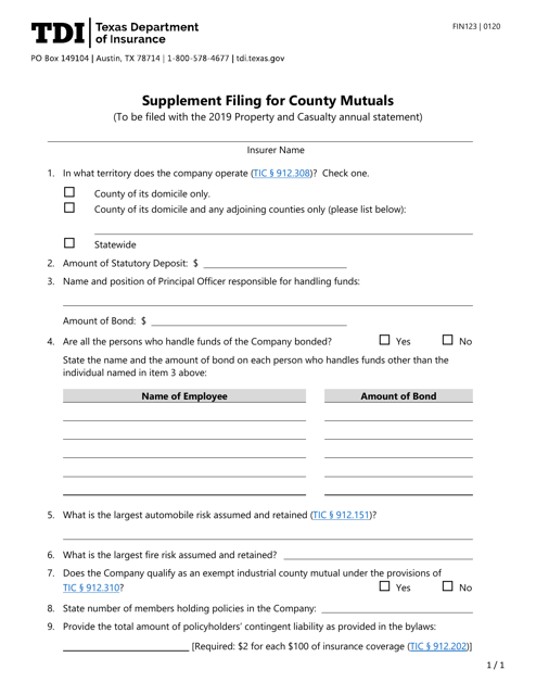 Form FIN123 Tdi Supplement Form for County Mutuals - Texas