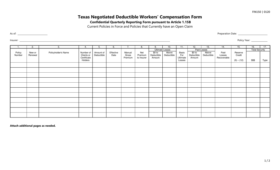 Form FIN150 Texas Negotiated Deductible Workers Compensation Form - Texas, Page 1