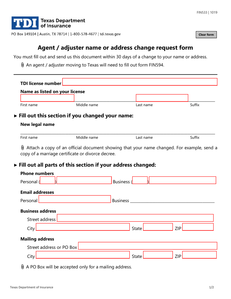 Form FIN533 Agent / Adjuster Name or Address Change Request Form - Texas, Page 1