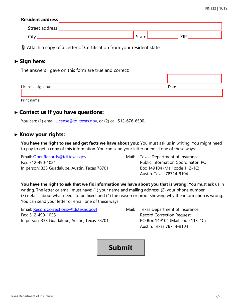Form FIN533 Agent / Adjuster Name or Address Change Request Form - Texas, Page 2
