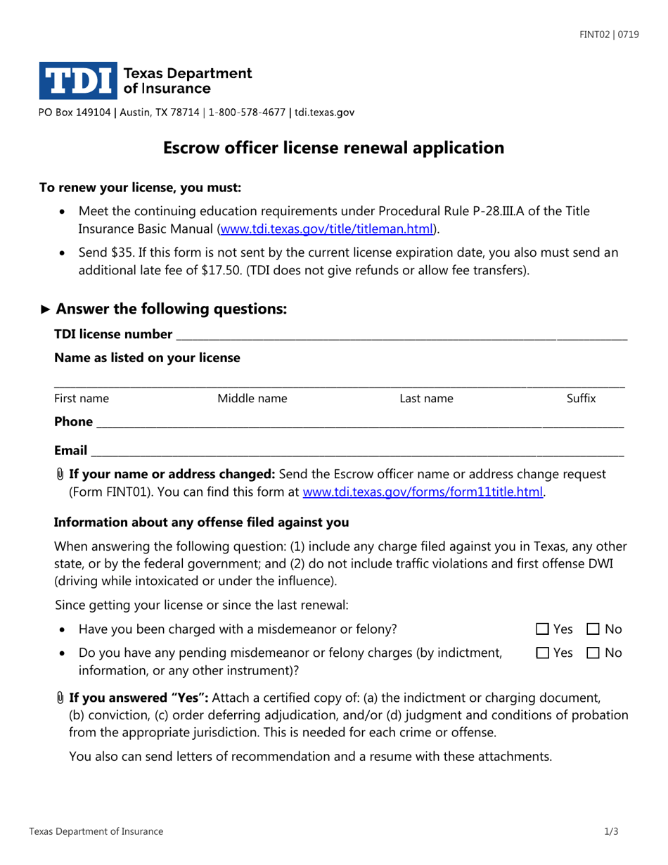 Form FINT02 Escrow Officer License Renewal Application - Texas, Page 1