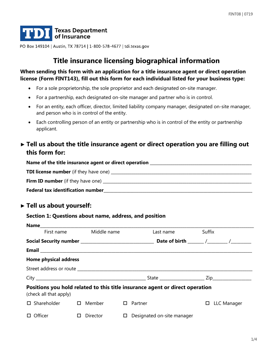 Form FINT08 Title Insurance Licensing Biographical Information - Texas, Page 1