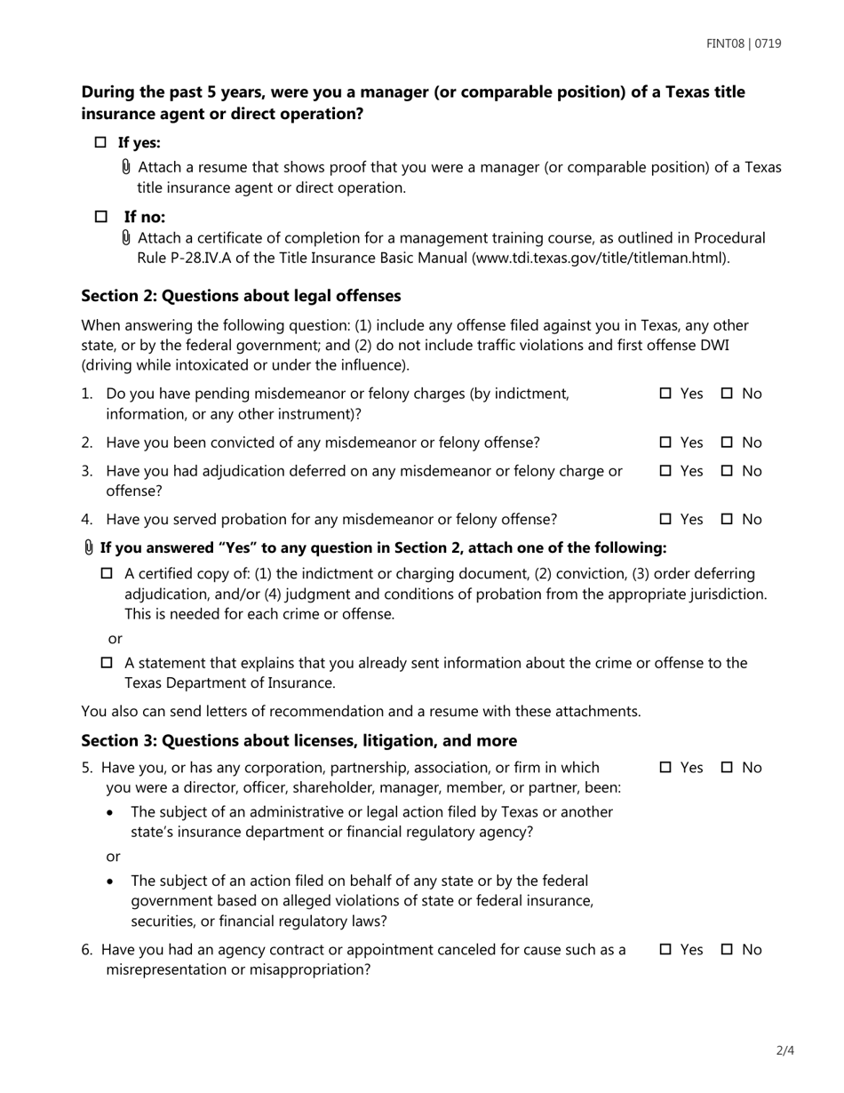 Form FINT08 Title Insurance Licensing Biographical Information - Texas, Page 2