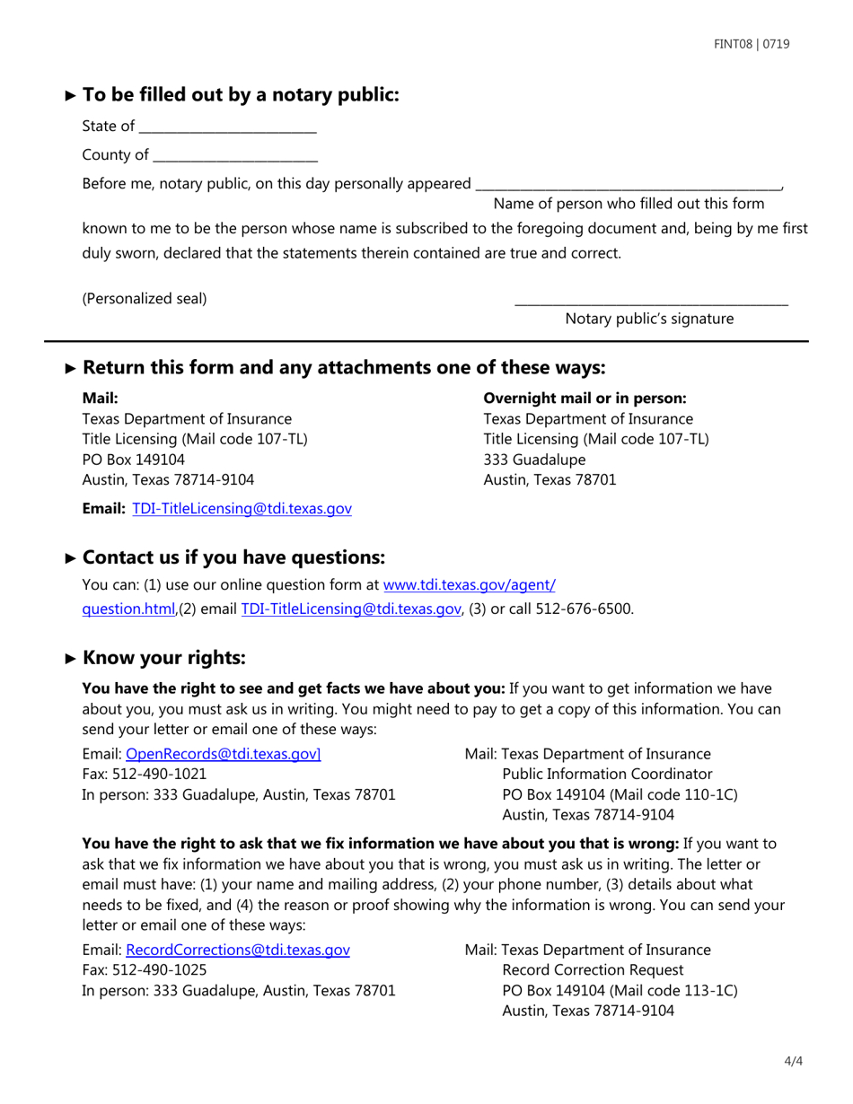 Form FINT08 Title Insurance Licensing Biographical Information - Texas, Page 4
