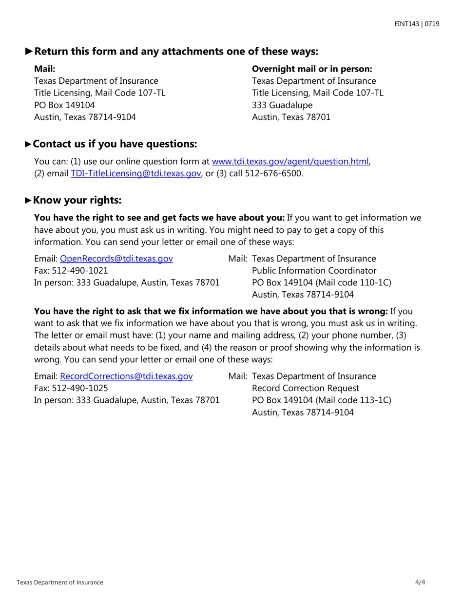 Form FINT143 Application for Title Insurance Agent or Direct Operation License - Texas, Page 4