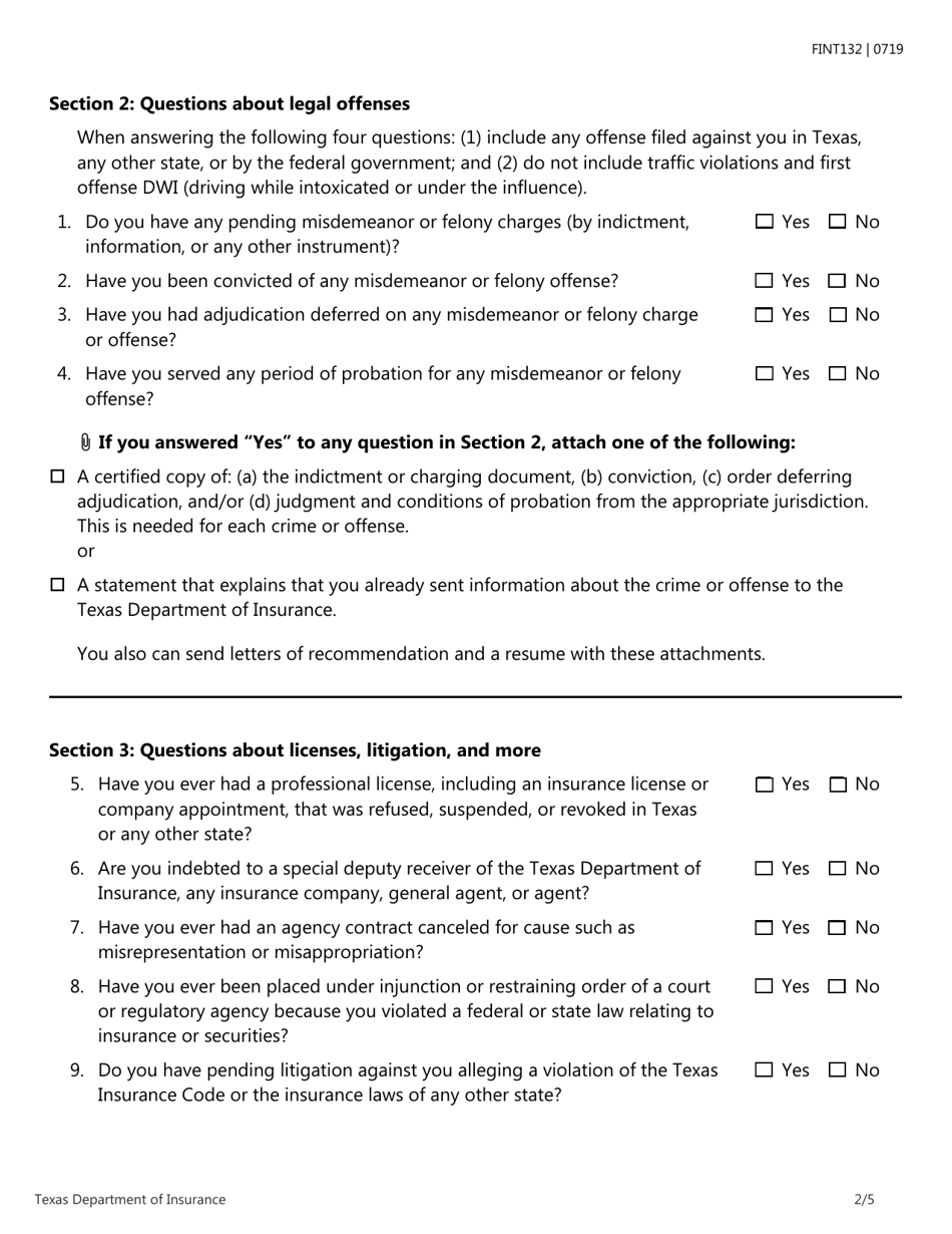 Form FINT132 Application for Escrow Officer License - Texas, Page 2