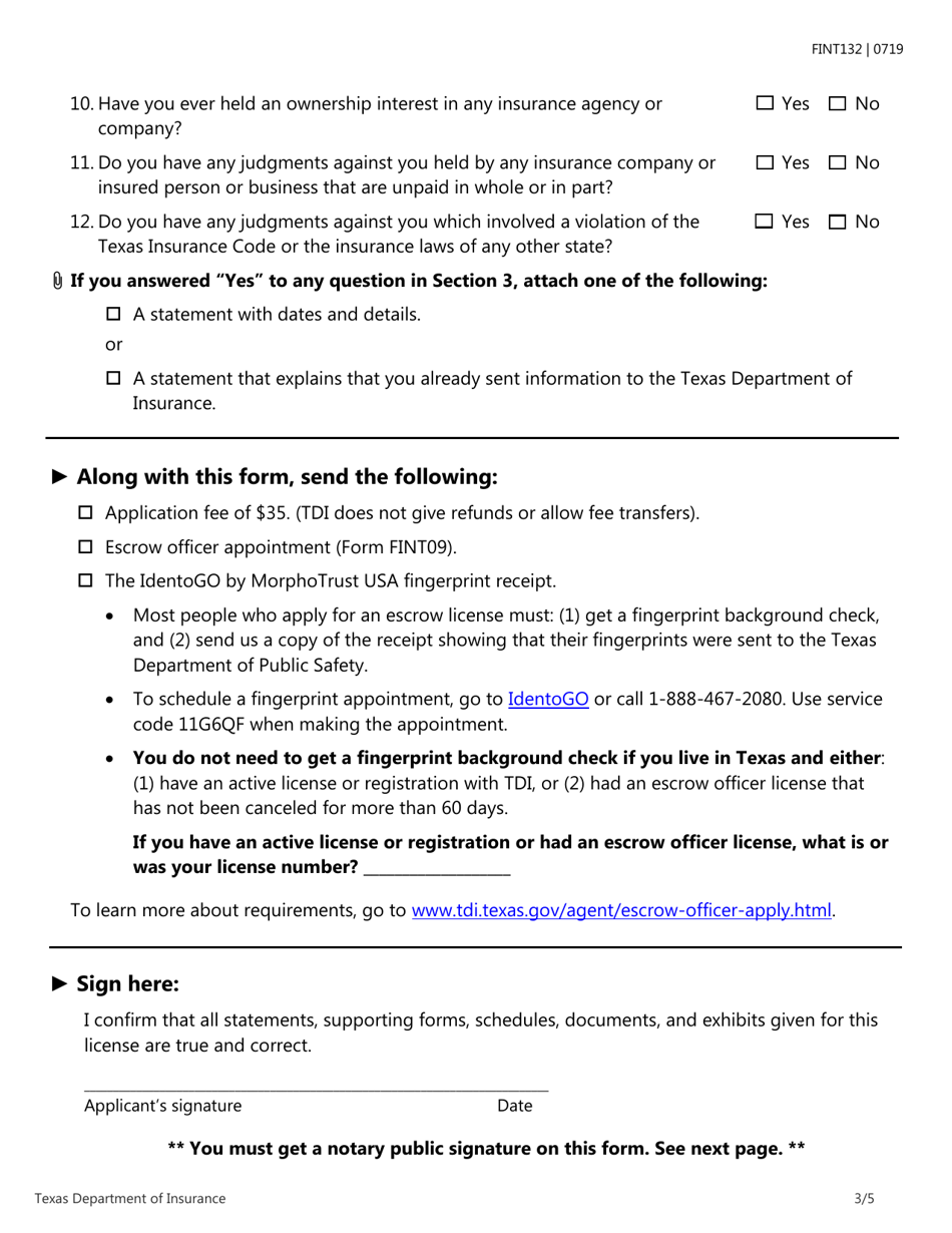 Form FINT132 Application for Escrow Officer License - Texas, Page 3