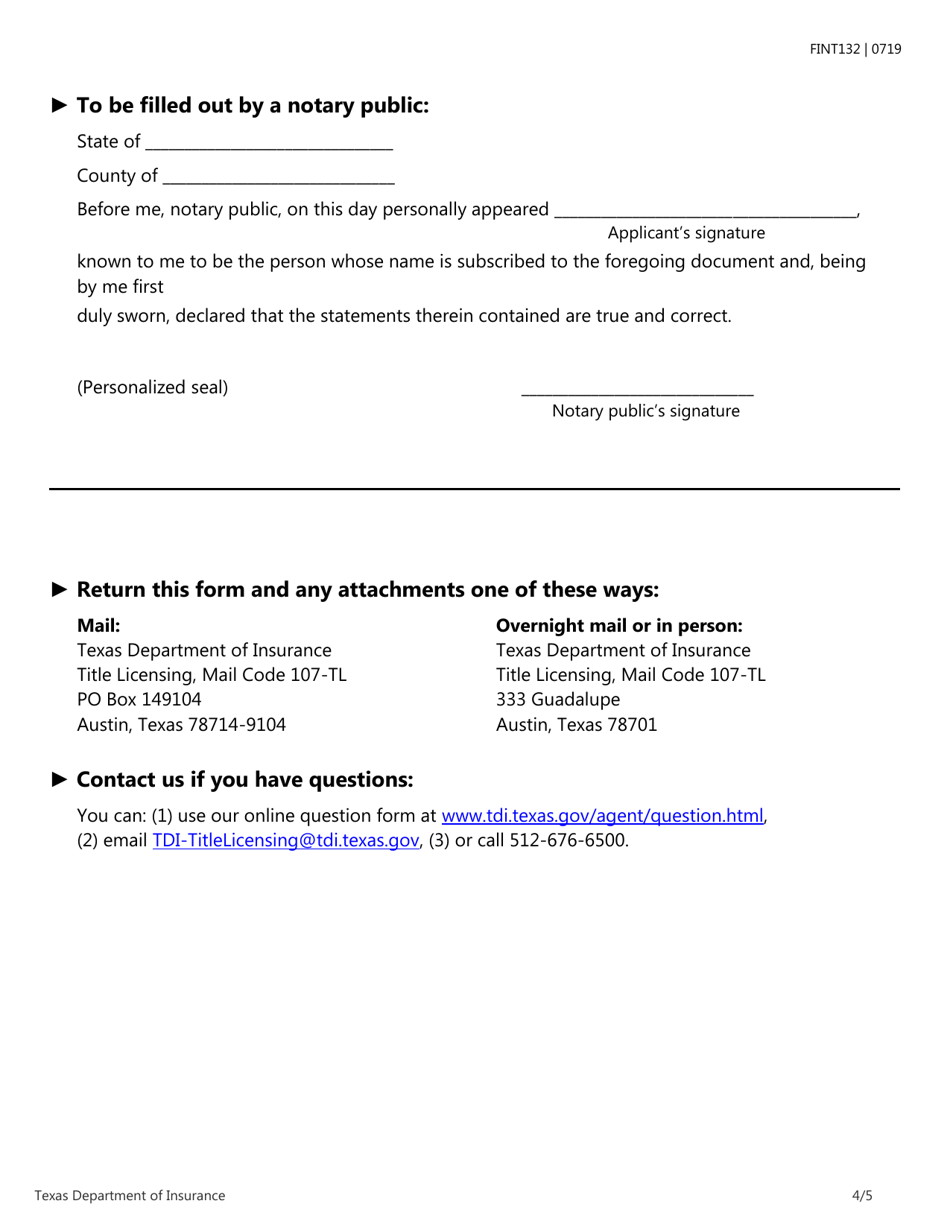 Form FINT132 Application for Escrow Officer License - Texas, Page 4