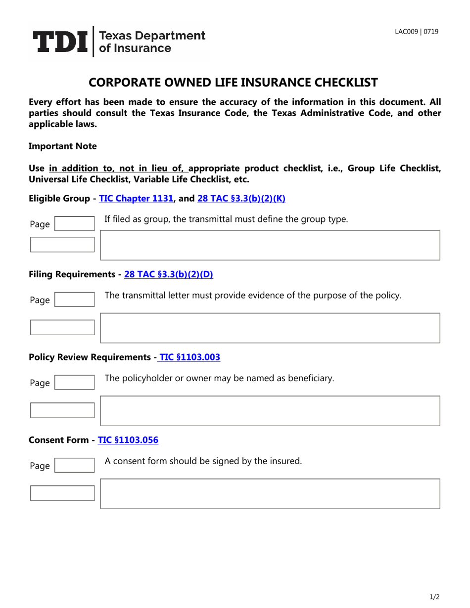 Form LAC009 Corporate Owned Life Insurance Checklist - Texas, Page 1