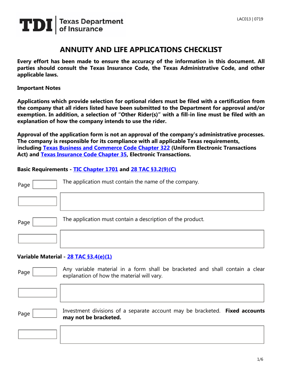 Form LAC013 Annuity and Life Applications Checklist - Texas, Page 1